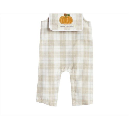 Mudpie baby boys fall plaid longall and bib set in beige