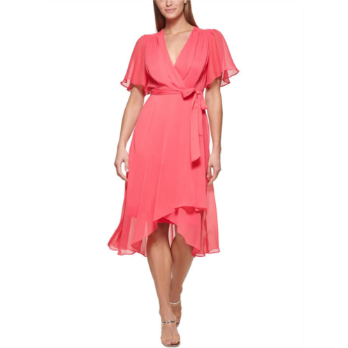 DKNY petites womens flutter sleeves belted midi dress