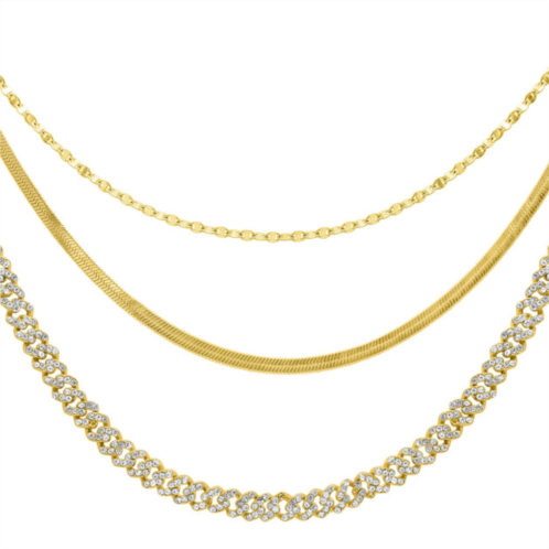 Adornia 14k gold plated adjustable valentina, herringbone amd 8mm crystal curb chain necklace set