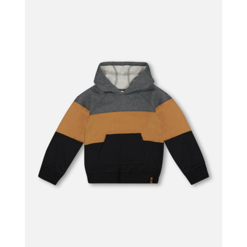 Deux par Deux colorblock hooded fleece sweatshirt dark gray, caramel and black