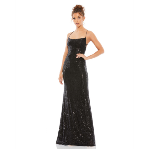 Mac Duggal stretch sequin lace up back evening gown