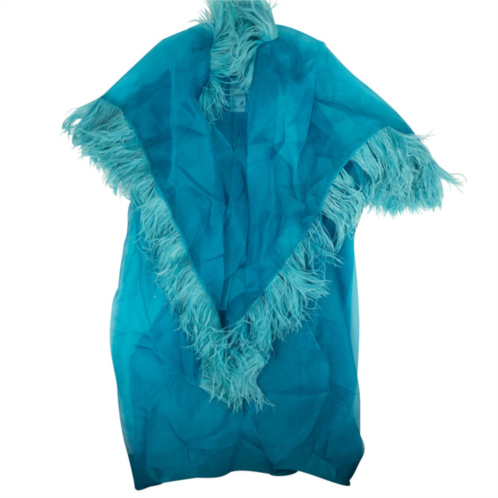 Palomo feather trim silk robe - blue/green