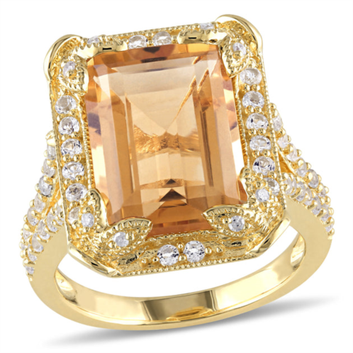 Mimi & Max 7 3/5ct tgw emerald cut citrine, white topaz and diamond halo leaf ring yellow sterling silver