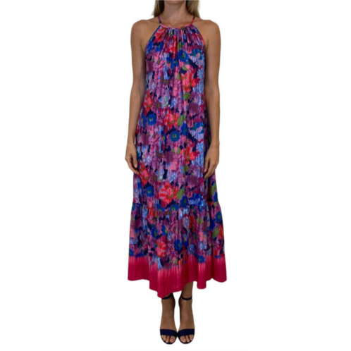 LONDON TIMES a-line halter tiered maxi dress in pink/violet multi