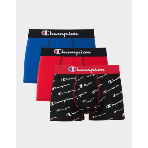 Champion mens 3-pack moisture wicking lightweight stretch trunks in scarlet/blue/black script print