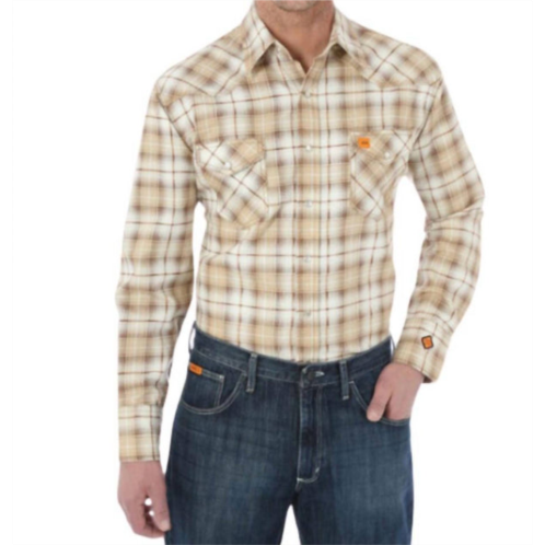 Wrangler mens 20x flame resistant work shirt - plus in sand plaid