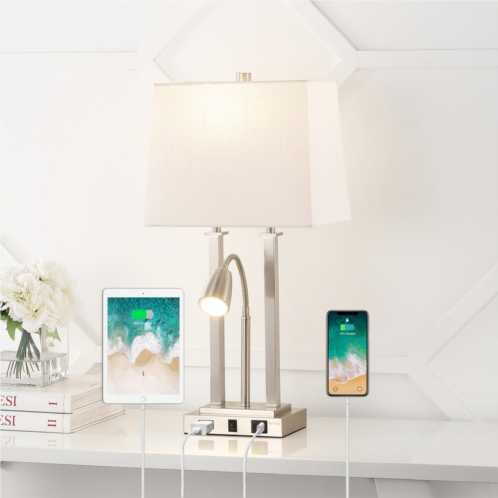 Jonathan Y blaire 23.75 2-light modern farmhouse metal led table lamp with usb charging port, adjustable reading light and ac outlet, oil rubbed bronze