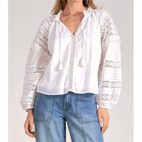 ELAN crochet panel peasant top in white