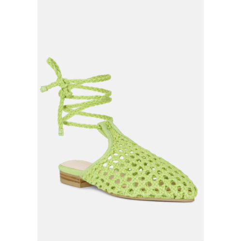 Rag & Co tutsi green handwoven honeycomb tie up flat mules