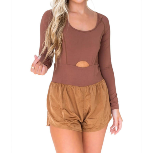 TCEC long sleeve active romper in chocolate