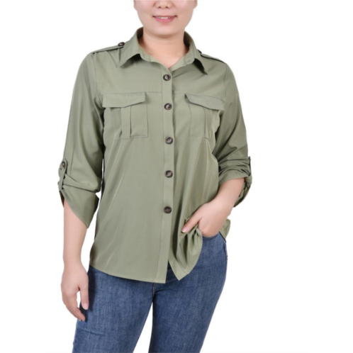 NY Collection petites womens collared pocket button-down top