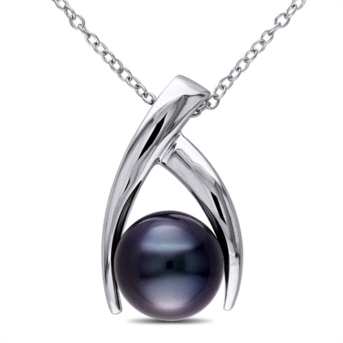 Mimi & Max 9.5-10mm black tahitian pearl crisscross necklace in sterling silver