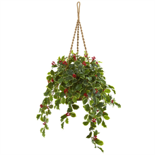 HomPlanti variegated holly with berries artificial plant in hanging basket (real touch) 40