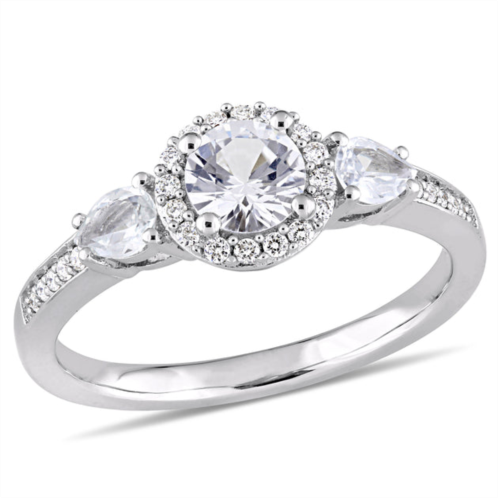 Mimi & Max 1ct tgw round and pear-cut white sapphire and 1/8ct tw diamond 3-stone halo ring in 14k white gold