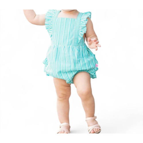 RuffleButts bella stripe bubble romper in aqua/white