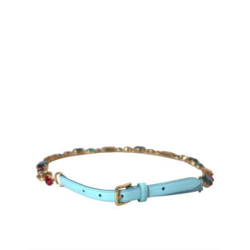 Dolce & Gabbana blue leather crystal chain waist womens belt