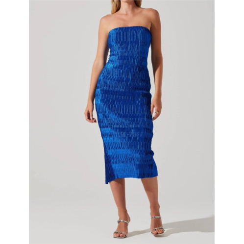 ASTR reine plisse strapless midi dress in cobalt blue