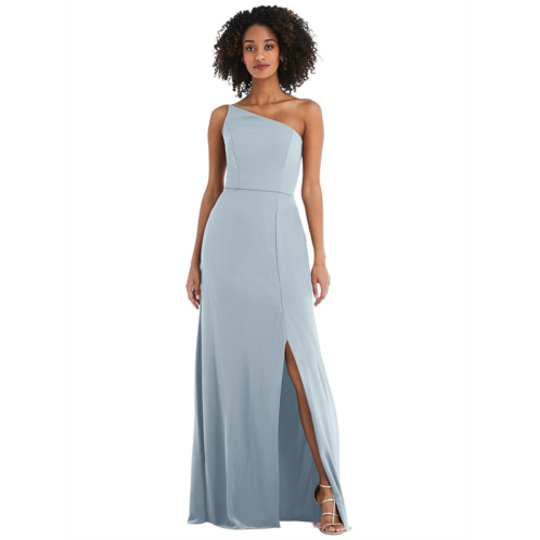 After Six skinny one-shoulder trumpet gown with front slit