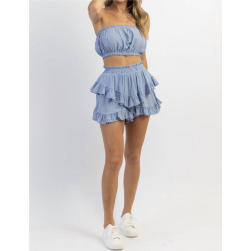 MABLE coastal roadtrips ruffle short set in blue