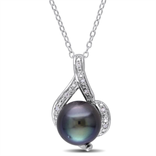 Mimi & Max 9-9.5mm black tahitian pearl and diamond curlicue necklace in sterling silver