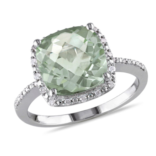 Mimi & Max 4ct tgw cushion cut green quartz and 1/10ct tdw diamond halo ring in sterling silver