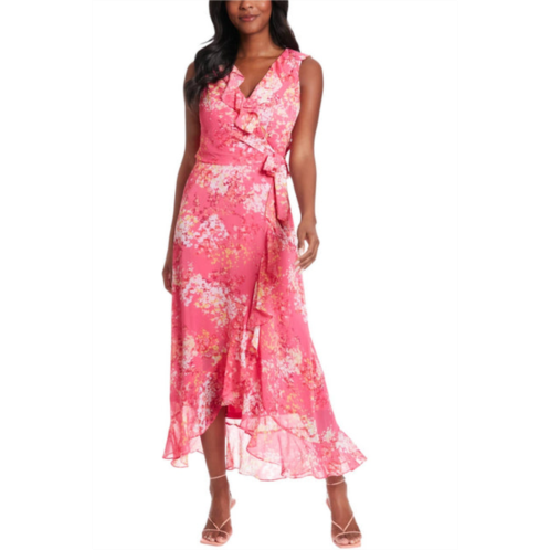 LONDON TIMES side tie ruffle wrap dress in pink multi