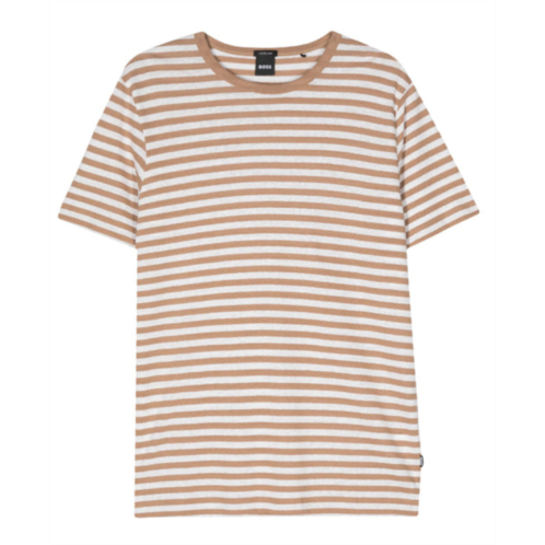 Hugo Boss mens tiburt 457 striped linen short sleeve crew neck t-shirt, beige/white