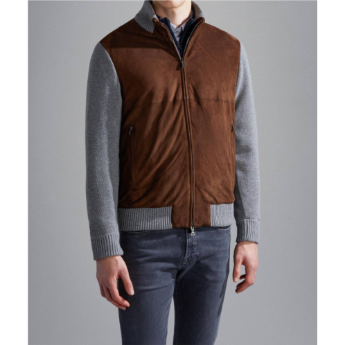 Paul & Shark riviera re-wool full zip sweater with aqualeather body in brown/grey