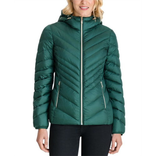 Michael Michael Kors womens green chevron double layer zipper 3/4 hooded packable coat