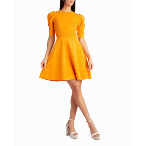 Nicole Miller jessie pleated shoulder a-line dress in flame orange