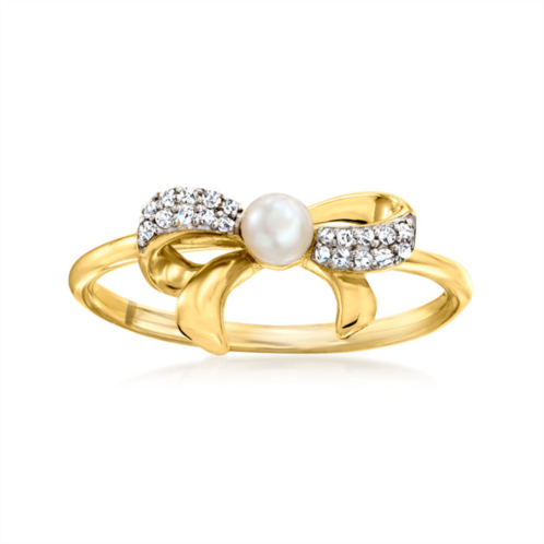 RS Pure by ross-simons 3-3.5mm cultured pearl bow ring with diamond accents in 14kt yellow gold