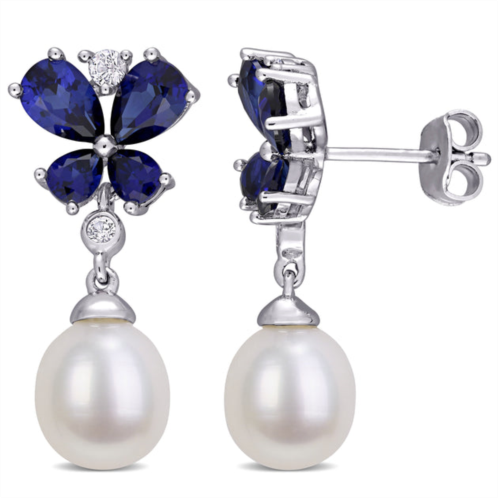 Mimi & Max 8-8.5mm cultured freshwater pearl created blue & white sapphire butterfly earrings in sterling silver