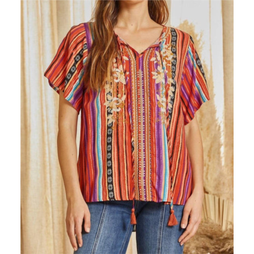 Savanna Jane stripe embroidered tassel tie top in multi color