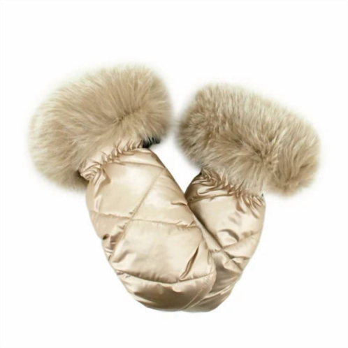 Mitchie womens nylon mittens with fur trim in champagn