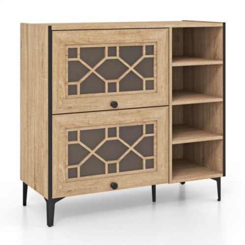 Hivvago rustic shoe cabinet with flip-up see-through doors and adjustable shelves-oak