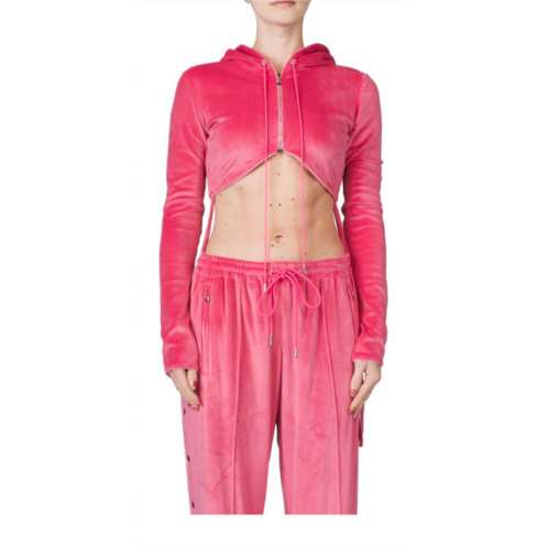 PRISCAVera cropped zip up velour hoodie in hot pink