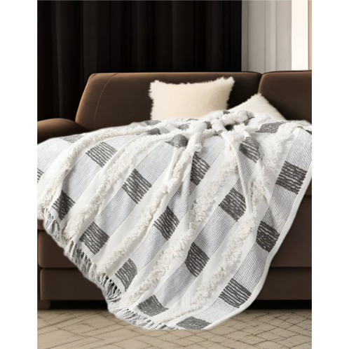 Homezia 60 x 50 gray and white woven cotton checkered throw blanket with fringe