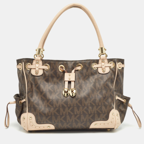 Michael Kors /beige monogram coated canvas and leather drawstring bag