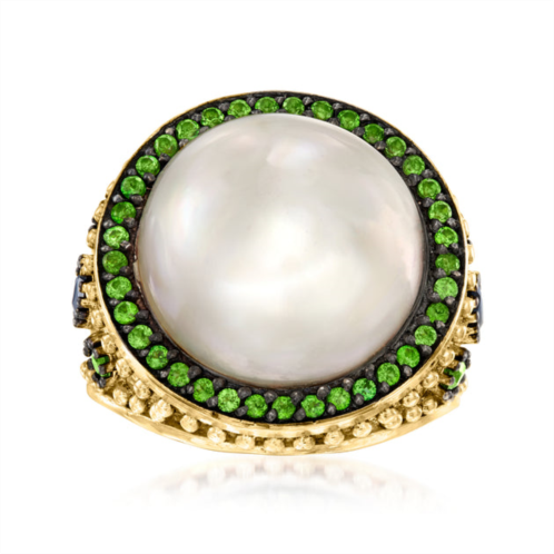 Ross-Simons 15mm cultured mabe pearl and . chrome diopside ring with . sapphires in 18kt yellow gold over sterling