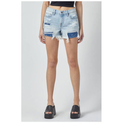 HIDDEN kenzie bandana print distressed shorts in light wash