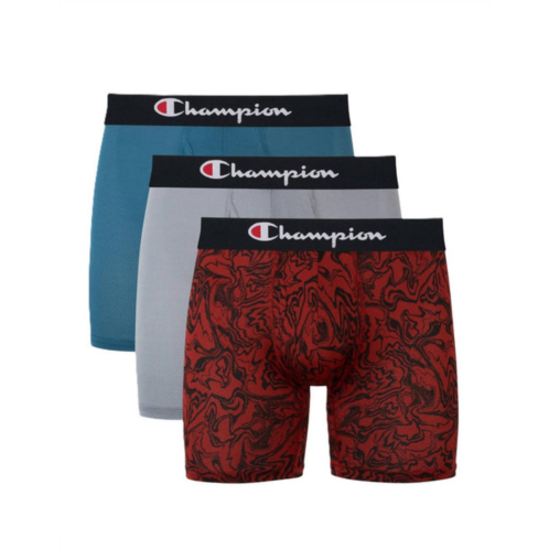 Champion mens 3-pack lightweight stretch moisture wicking mesh boxer briefs in turquoise/concrete/marble print