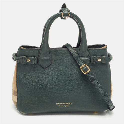 Burberry green/beige leather and house check fabric small banner tote