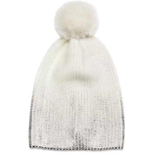 Jocelyn metallic pom pom knit hat beanie in ivory silver