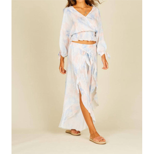 Ocean drive tie dye cold shoulder faux wrap smocked top in watercolor pastels