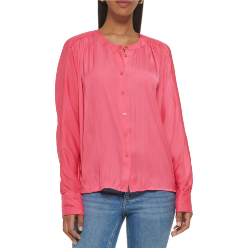 Calvin Klein womens pleated banded neck button-down top