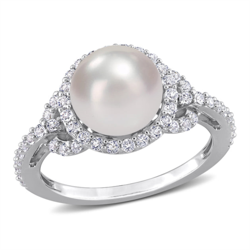 Mimi & Max 8.5-9mm cultured freshwater pearl and 3/4ct tgw white topaz halo ring in sterling silver