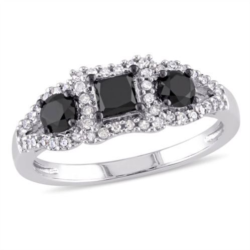 Mimi & Max 1ct tw black and white princess-cut diamond 3-stone engagement ring in 10k white gold