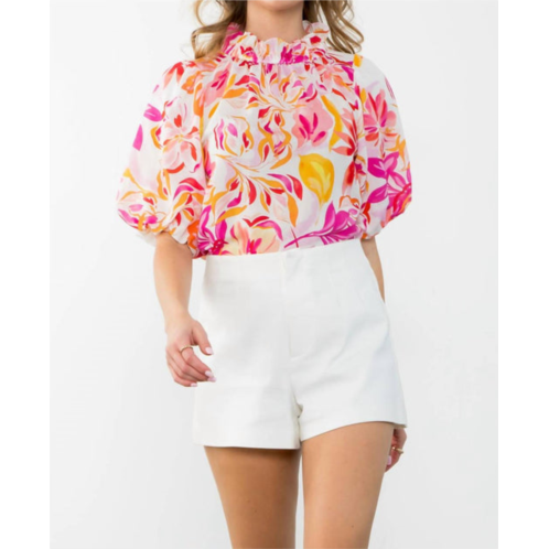 THML puff sleeve flower print top in floral pink