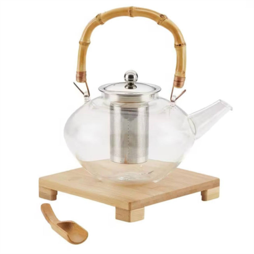 QuikFurn 1 quart glass teapot kettle with stainless steel tea infuser and bamboo handle