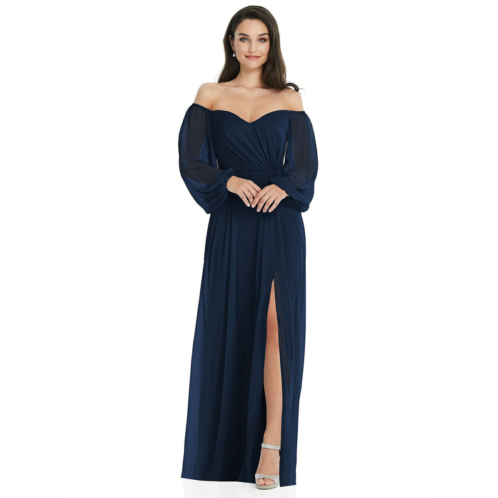 Dessy Collection off-the-shoulder puff sleeve maxi dress with front slit